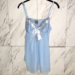 3/$60 Vintage Y2K Movie Star Baby Blue Sheer Babydoll Chemise Lingerie Set SZ L